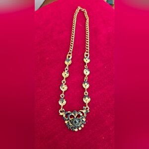 Vintage Blue Rhinestone Choker Chain Link Necklace 12in